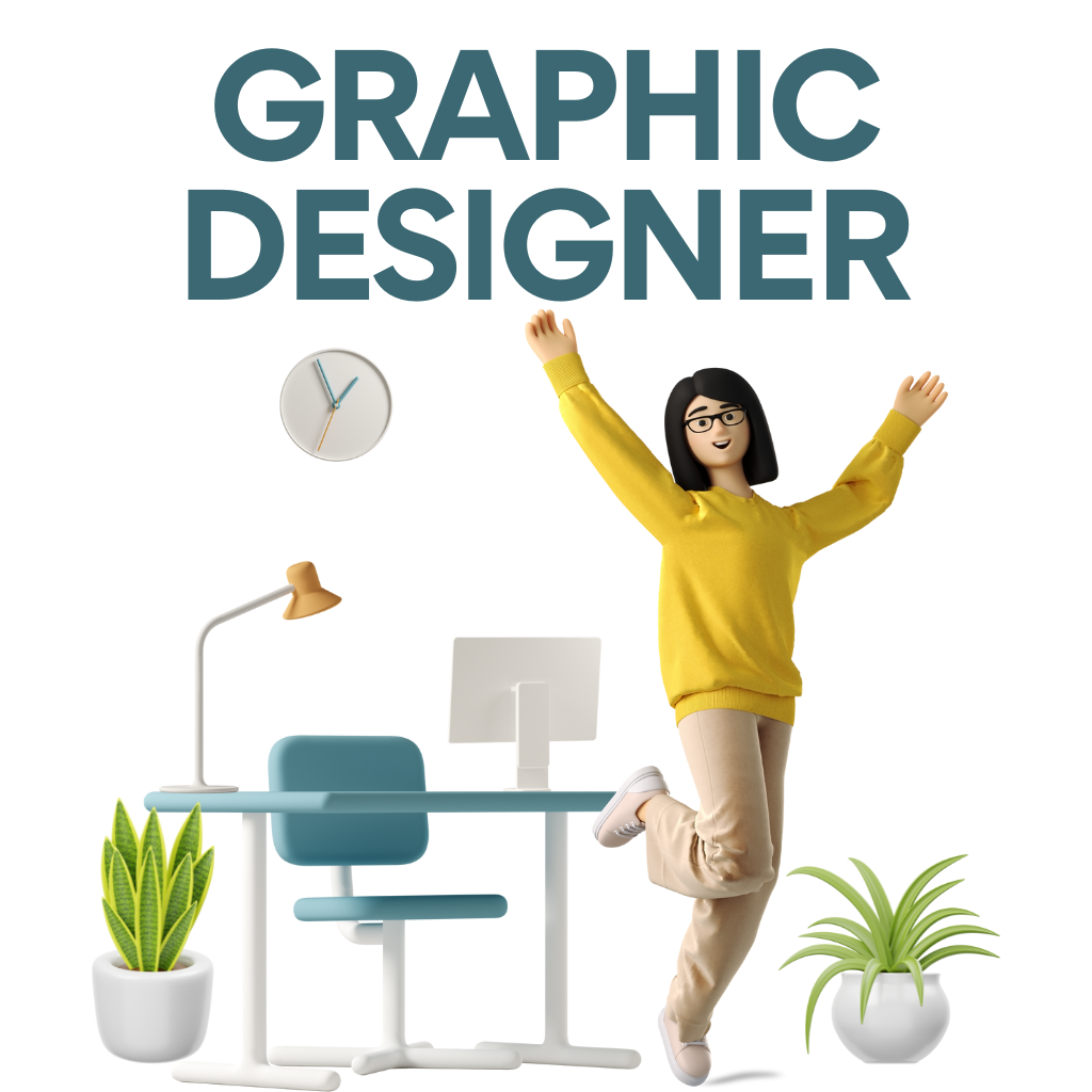 Graphic Designing A 3D illustration of a graphic designer's workspace. The image features a person in a yellow sweater and beige pants, jumping with arms raised in excitement. The workspace includes a blue chair, a desk with a computer monitor, a desk lamp, and two potted plants. A wall clock is also visible. The text "GRAPHIC DESIGNER" is prominently displayed at the top of the image.