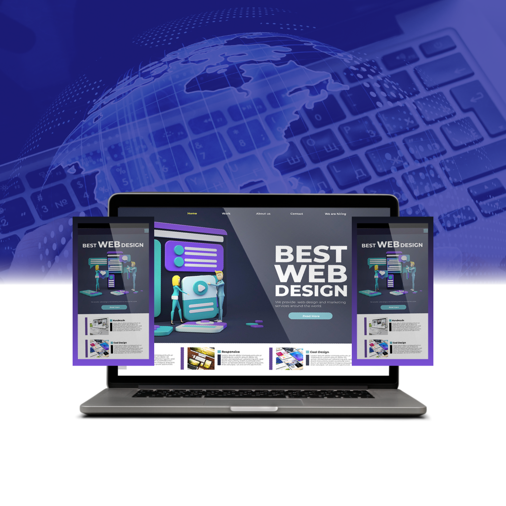 Web Designing A laptop displaying a web design website with the text "BEST WEB DESIGN" on the screen. The background features a globe and a keyboard, symbolizing global connectivity and technology. The website on the laptop screen showcases a modern web design layout with various sections and graphics, emphasizing web design and marketing services.