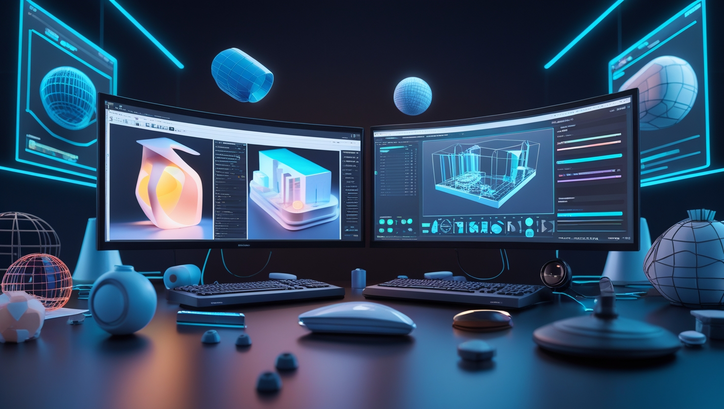 A futuristic workspace featuring two curved monitors displaying 3D modeling software. The left monitor shows a 3D rendering of a modern, abstract sculpture with soft lighting, while the right monitor displays a wireframe model of a building structure. The desk is cluttered with various geometric objects, including spheres, cones, and wireframe models. The background includes holographic projections of 3D shapes and grids, creating a high-tech and immersive environment.