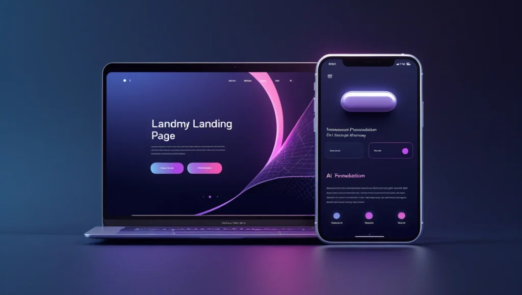 How to Build a High-Converting Landing Page in 2025 A sleek, modern design showcasing a landing page on a laptop and a mobile application interface on a smartphone. The laptop screen displays a landing page titled "Landmy Landing Page" with a dark gradient background and a curved pink and purple graphic element. The mobile interface features a similar dark theme with a prominent pill-shaped button and various interactive elements. Both screens emphasize a futuristic and user-friendly design.