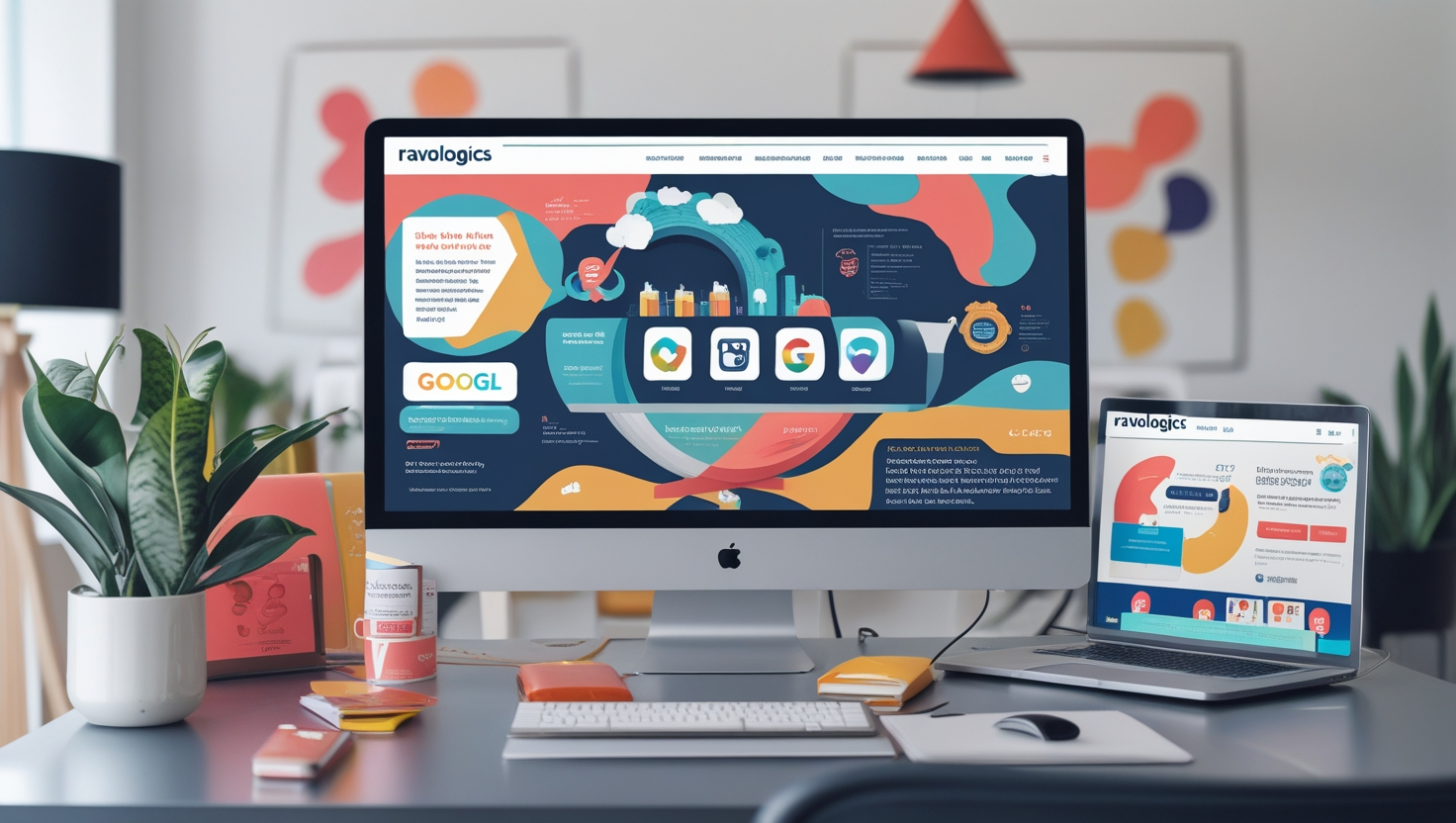 A modern office workspace featuring a desktop computer and a laptop displaying a colorful website for "ravologics." The website design includes various icons, graphics, and text elements, with a focus on vibrant colors and engaging visuals. The workspace also includes a potted plant, notebooks, a smartphone, and a cup, creating a productive and aesthetically pleasing environment.
