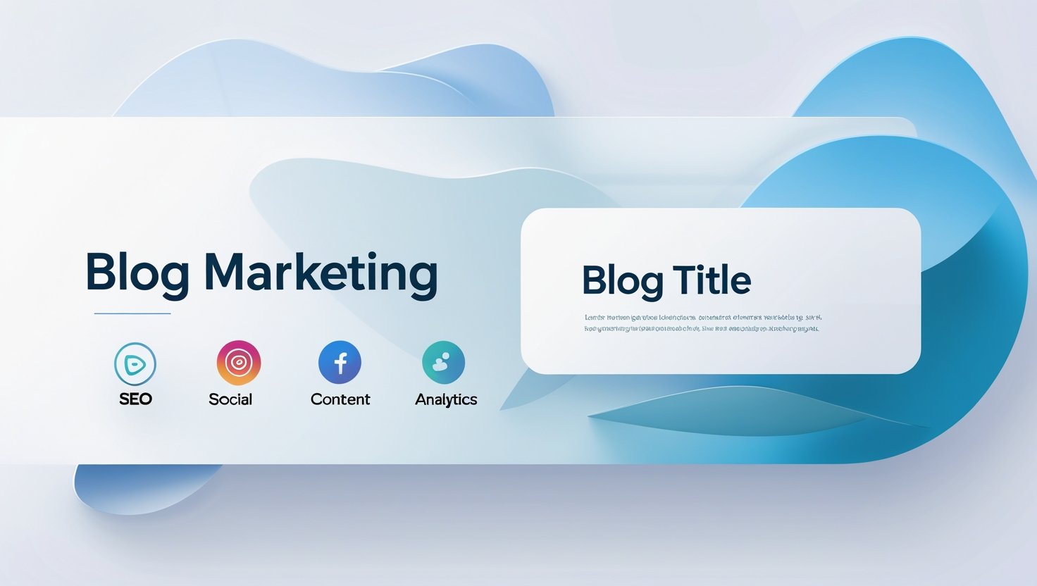 Blog A blog marketing banner with a modern design featuring blue abstract shapes. The banner includes the text "Blog Marketing" and "Blog Title" along with icons and labels for SEO, Social, Content, and Analytics.