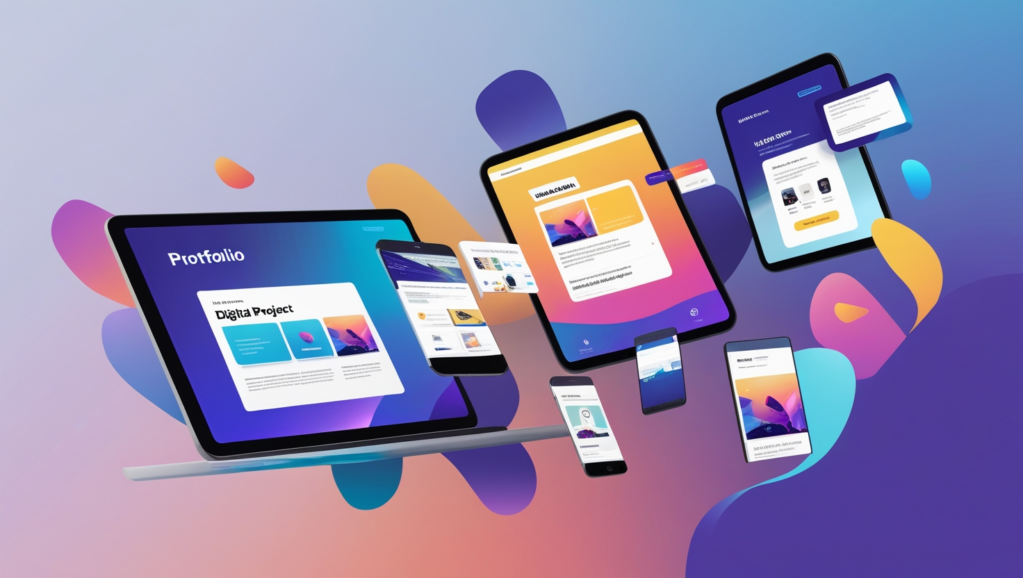 A digital portfolio displayed on various devices including a laptop, tablets, and smartphones. The screens show different sections of the portfolio with vibrant colors and modern design elements. The background features abstract shapes in gradient colors, enhancing the visual appeal.