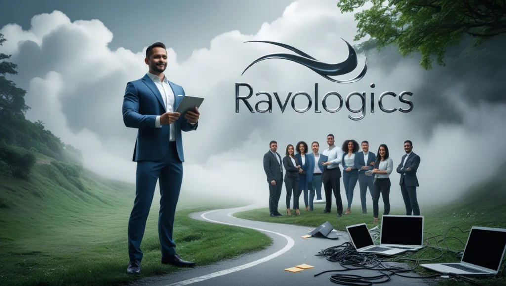 Choosing the Right Software House: Key Qualities to Look For A group of business professionals standing on a winding road surrounded by lush greenery and fog. The foreground features several laptops and cables scattered on the ground. The image includes the text "Ravologics" with a stylized logo above the group.